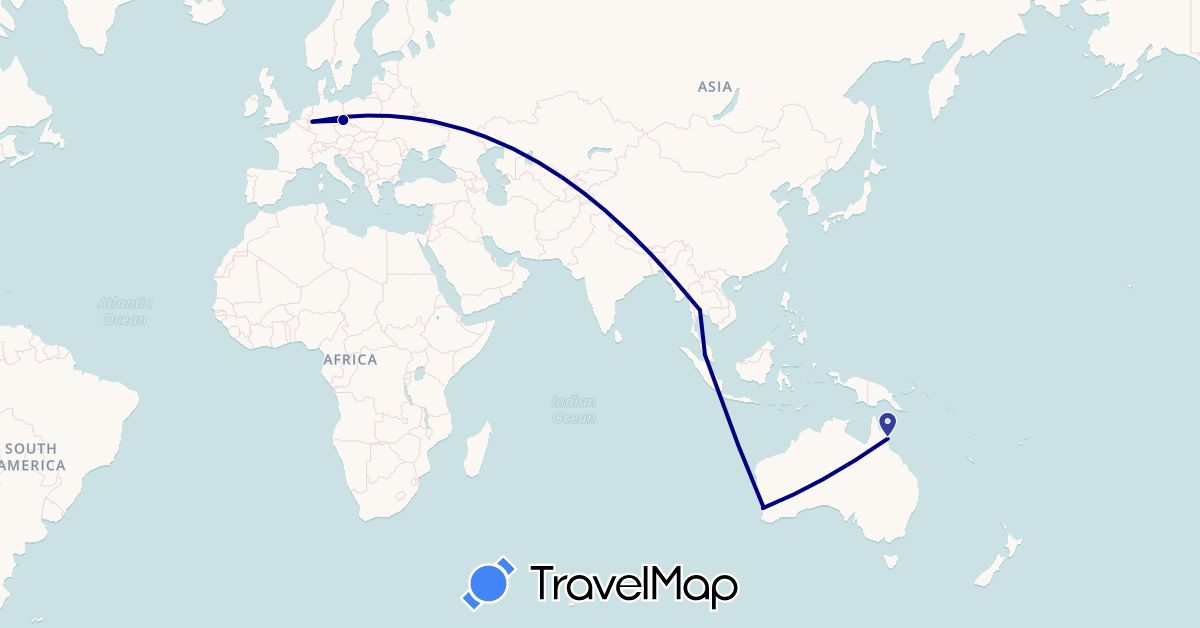 TravelMap itinerary: driving in Australia, Germany, Malaysia, Thailand (Asia, Europe, Oceania)